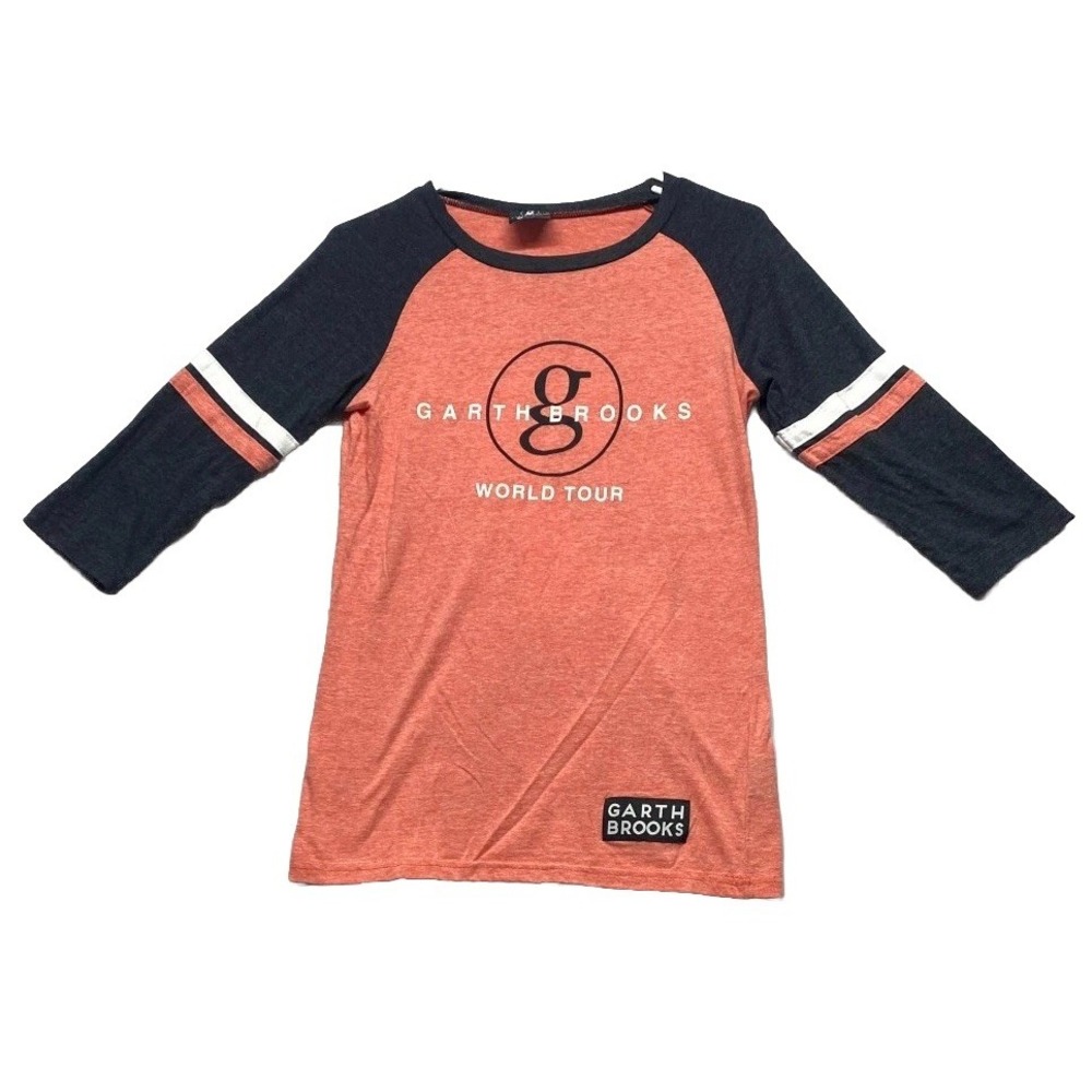 Garth Brooks World Tour Baseball #7 T Shirt Womens S Peach Black Raglan Sleeve